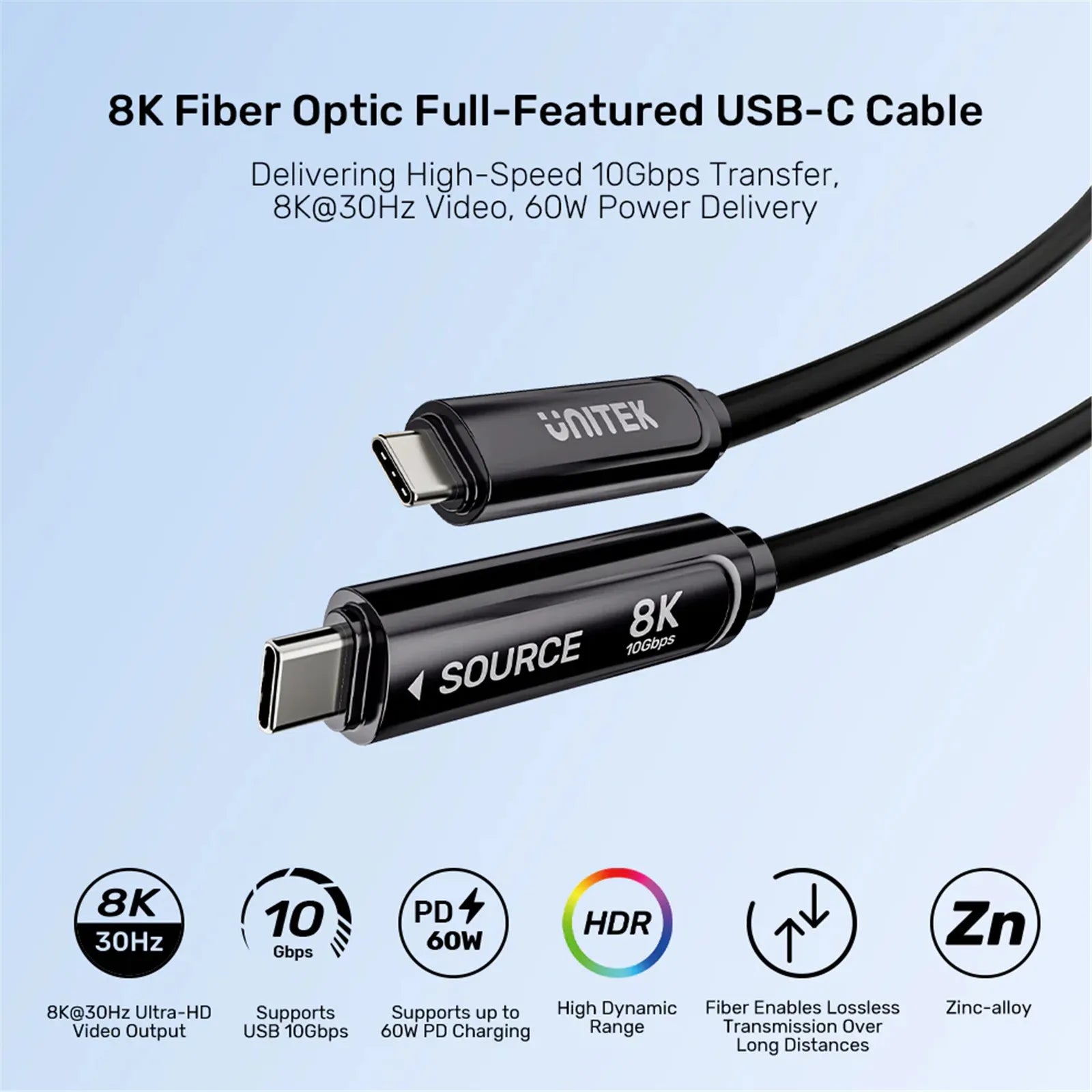 Unitek C14178A-5M 8K Fiber Optic Full-Featured USB-C Cable - 5m