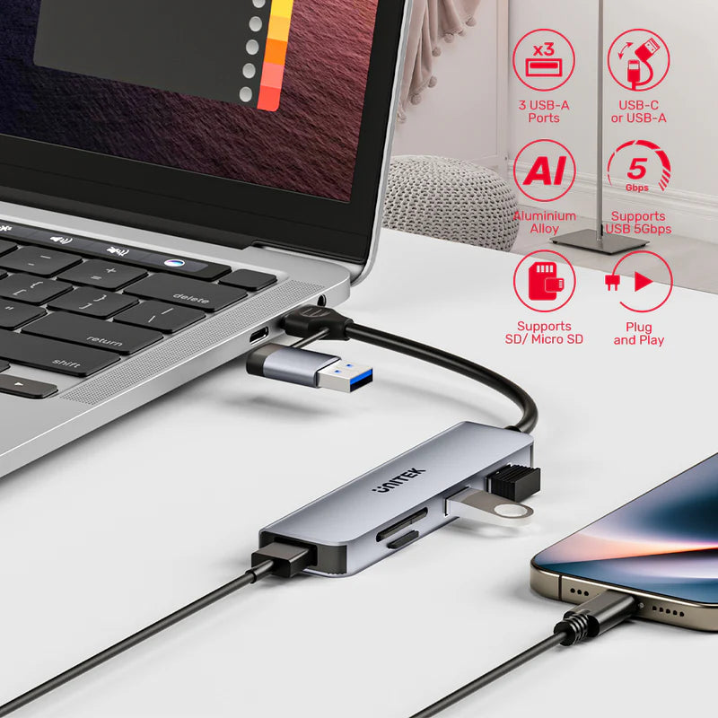 Unitek 5-in-1 USB 5Gbps Hub with SD and Micro SD Card Reader